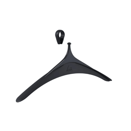 Silver grey plastic clothes hanger with detachable hook on white background