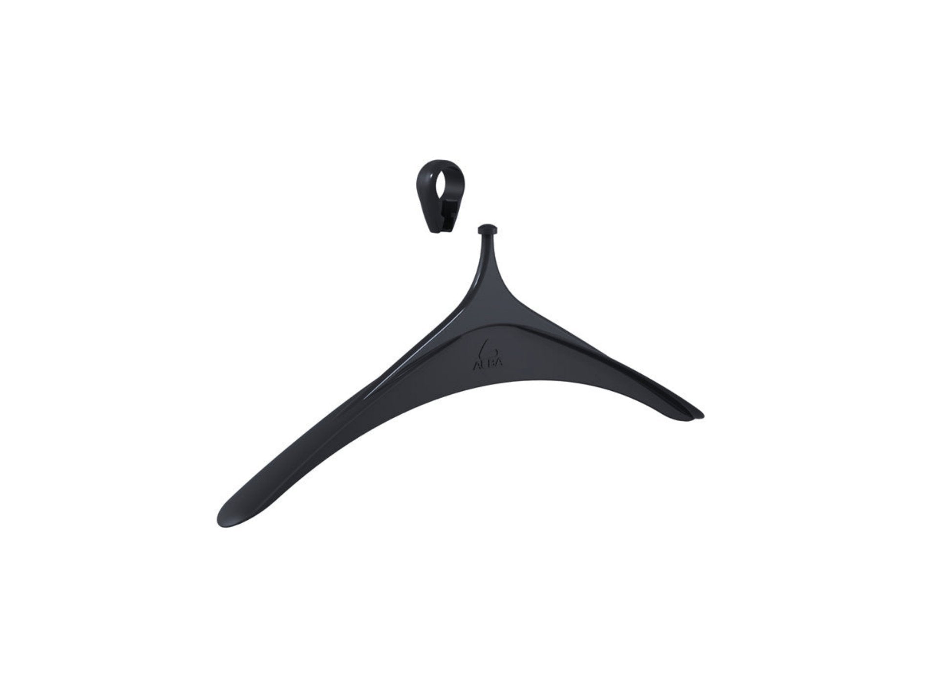 Silver grey plastic clothes hanger with detachable hook on white background