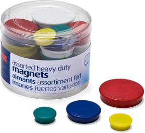 Officemate Assorted Heavy Duty Magnets in a clear plastic container with colorful magnets.