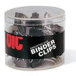 Assorted size binder clips in clear container for office organization