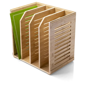 Officemate® bamboo magazine file organizer with slots for documents and folders.