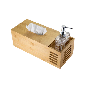 Officemate® bamboo tissue box holder with integrated clear soap dispenser