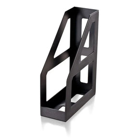 Officemate® black metal magazine file with a modern geometric cutout design