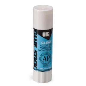 Officemate® Clear Glue Stick, 0.74 oz, acid-free and non-toxic adhesive.
