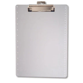 Officemate® clear plastic clipboard with a silver metal clip and integrated side rulers