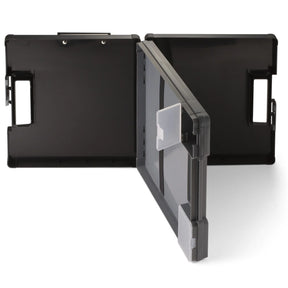 Open black Officemate Clipboard Carry Case showing interior storage compartments