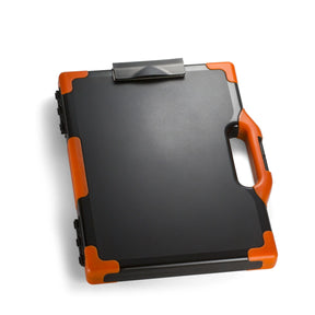 Officemate® Clipboard Storage Box in black and orange with a built-in handle.