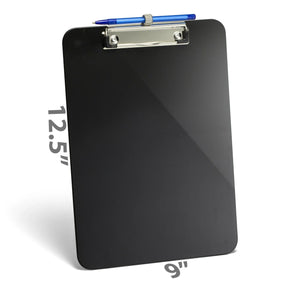 Black Officemate® clipboard with low profile metal clip and blue pen, measuring 12.5 by 9 inches.