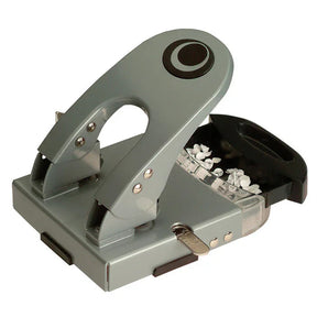 Officemate® Deluxe 2-Hole Punch in grey with open confetti tray