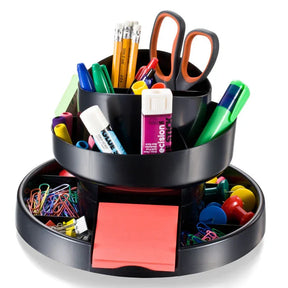 Officemate® Deluxe Rotary Organizer filled with pens, pencils, scissors, and office supplies