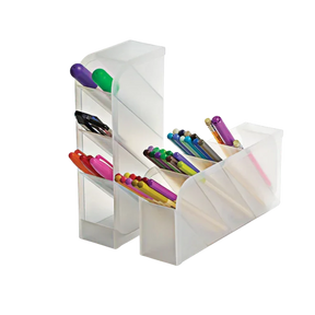 Officemate® translucent white desktop pen holder filled with colorful pens and markers