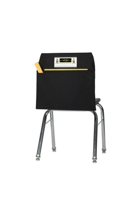 Black Seat Sack Double Storage Pocket organizer on a metal school chair