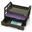 Black Officemate® drawer with letter trays containing a purple folder and blue notepad.