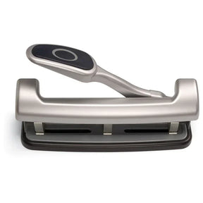 Officemate EZ Lever Hi-Capacity Adjustable 3-Hole Punch in silver and black.