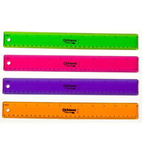Four colorful Achieva flexible 12-inch rulers by Officemate in green, pink, purple, and orange.