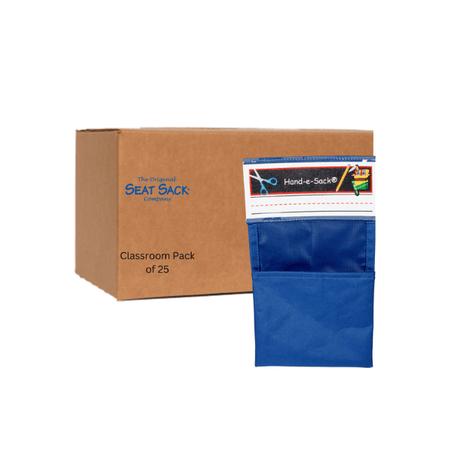 Blue seat sack with packaging box labeled 'Classroom Pack of 25' on a white background