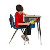 Child sitting at a desk with educational materials on a white background