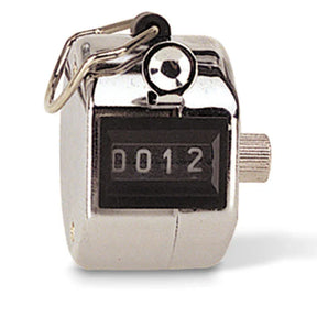 Officemate® handheld tally counter with a silver metallic finish and digital display showing 0012