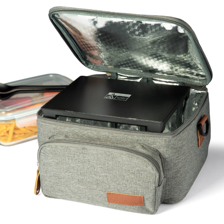 Gray insulated lunch bag with a black laptop inside on a white background