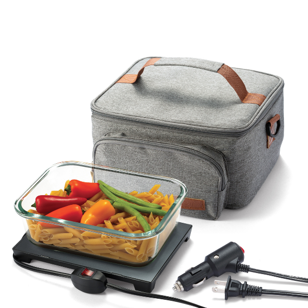 Heetz heated lunch bag with a glass container of pasta and vegetables on a white background