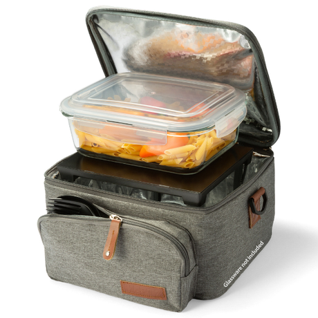 Gray insulated lunch bag with a compartment containing a meal in a clear container on a white background