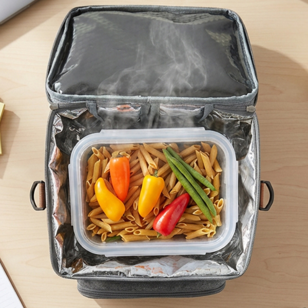Insulated food container with pasta and vegetables on a desk