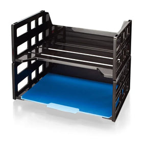 Officemate® Hi-Capacity Letter Tray in black with a blue folder in the bottom tier