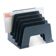 Black plastic incline sorter desk organizer with five slots holding envelopes and letters