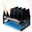 Black desktop file sorter with vertical slots and letter trays for office organization