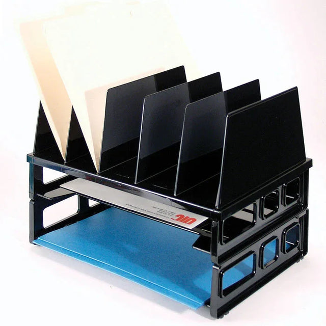 Black desktop file sorter with vertical slots and letter trays for office organization