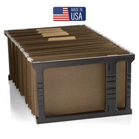 Officemate® Letter and Legal hanging folder frame holding brown folders, made in USA.