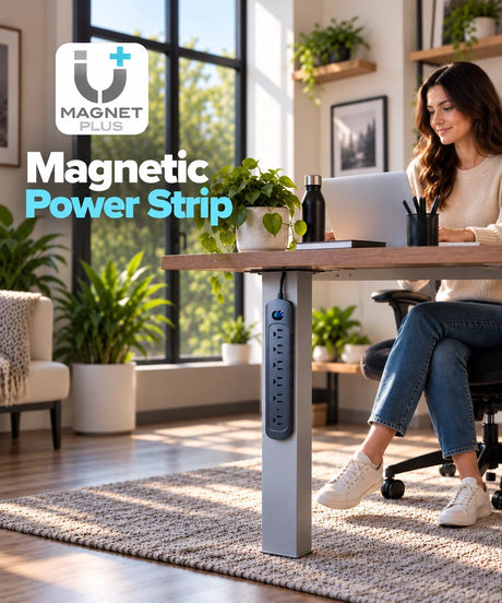 Victor MagnetPlus magnetic power strip mounted to a standing desk leg in a modern home office.