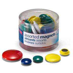 Officemate assorted colorful magnetic fasteners in and around a clear plastic storage tub