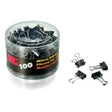 Micro binder clips in clear container, ideal for office and school organization