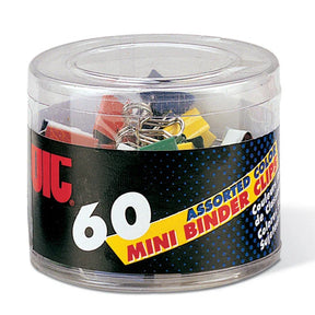Clear plastic container of Officemate Mini Binder Clips in assorted colors.