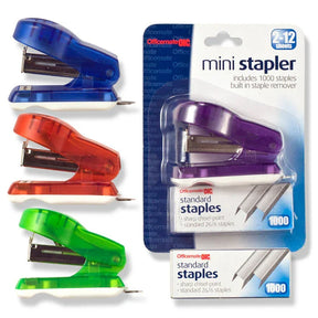 Officemate® mini staplers in blue, red, and green with two packs of 1000 standard staples.