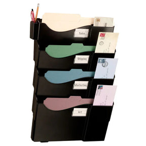 Officemate 4-Pocket Grande Central Filing System in black with labeled folders and mail.