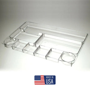 Clear Officemate 9-compartment plastic drawer organizer tray, made in USA.