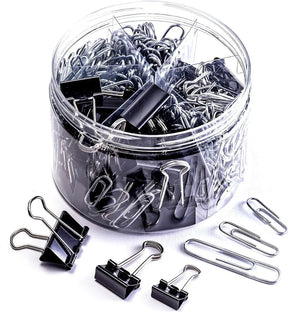 Officemate® assortment of black binder clips and silver paper clips in a clear plastic container.