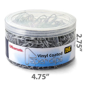 A clear plastic tub of 750 vinyl coated Officemate® paper clips with dimensions listed.