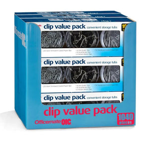 Officemate® Clip Value Pack containing 1040 assorted paper and binder clips in storage tubs.