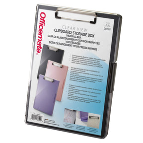 Officemate® Clipboard Storage Box in black, purple, and pink options with product packaging.