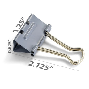 Medium size grey Officemate® EZ Binder Clip with dimensions showing 2.125 inches width.