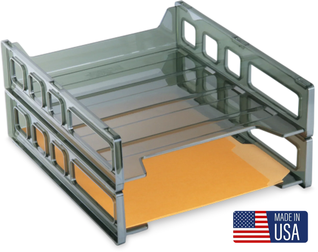 Clear two-tier desk organizer with letter-sized slots, holds folders, made in USA