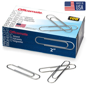 Box of Officemate® Giant Paper Clips with 2-inch silver clips shown outside the packaging.