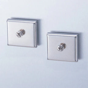 Two Officemate® heavy-duty magnetic fasteners with silver square plates and screws.