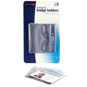 Pack of Officemate® horizontal clear plastic ID badge holders with one shown in use.