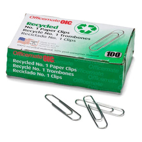 Box of Officemate® Large Recycled Paper Clips with loose clips on a white background