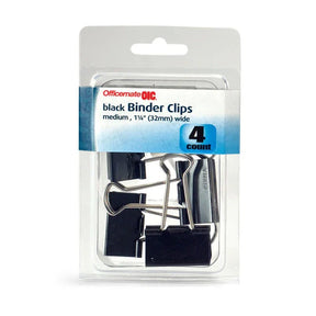 Pack of 4 Officemate medium black binder clips, 1 1/4 inch wide, in clear packaging.
