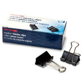 Officemate® medium binder clips in a blue and white box with two loose clips.